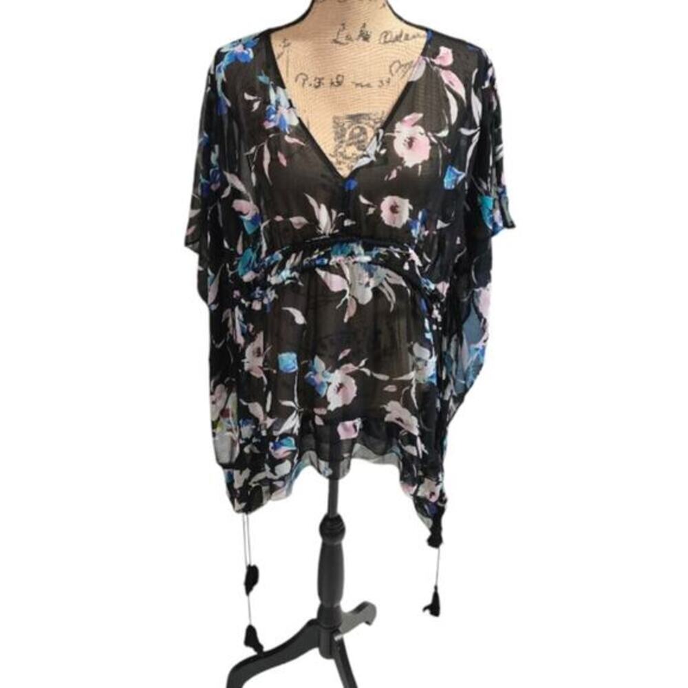Lane‎ Bryant Sheer Floral Kaftan Top Black Pink Blue V-Neck Boho Tassel 14/16